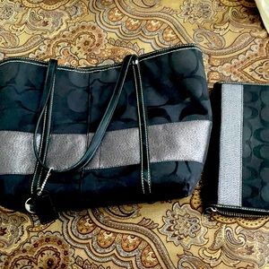 Black and Silver Coach Tote and Wallet Combo